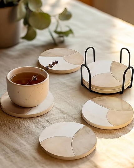 VEYRO Coasters Set of 4 for Drinks – Absorbent Ceramic Stone Drink Coasters with Cork Backing for Coffee Table & Desk, Modern Marble Look Cup Coaster Set, Housewarming Gift for New Home