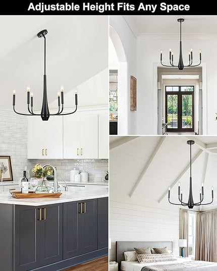 6-Light Black Industrial Chandelier, Modern Farmhouse Candle Light Fixture, Contemporary Hanging Light for Dining Room, Kitchen Island, Living Room, Bedroom, Foyer, Entryway