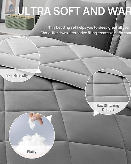 Love's cabin Twin Comforter Set Grey, 5 Pieces Twin Bed in a Bag, All Season Bedding Sets with 1 Comforter, 1 Flat Sheet, 1 Fitted Sheet, 1 Pillowcase and 1 Pillow Sham