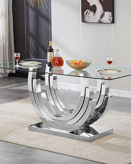 70" Large Glass Dining Table,Modern Rectangular Dining Room Table with 0.39" Tempered Glass Top & Silver Finish Stainless Steel Legs, Modern Clear Kitchen Table for Home Office