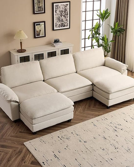 VINGLI 121" Cloud Couch, Comfy Modular Sectional Sofa Set for Living Room,Modern Linen 3-Seat Convertible Loveseat Sofa with 2 Ottoman for Small Space.（Beige）
