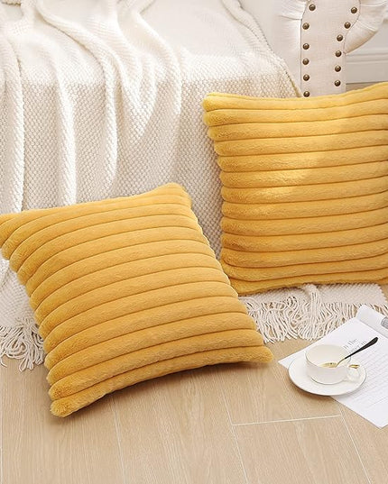 Pallene Faux Fur Plush Throw Pillow Covers 20x20 Set of 2, Luxury Soft Fluffy Striped Decorative Pillow Covers for Sofa, Couch, Living Room, Mustard Yellow