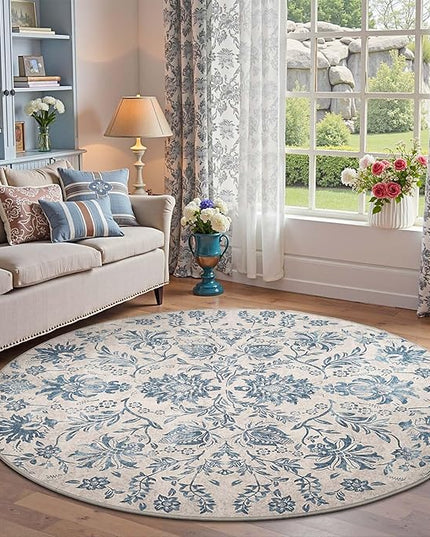 jinchan Torino Classic Floral Round Rug 6ft, Vintage-Inspired Design 6’Circle Rug, Machine Washable Ultra-Thin Low-Pile Non-Slip Indoor Carpet for Bedroom Dining Room Living Room Entryway, Dark Blue