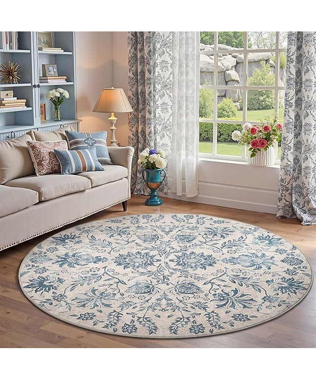 jinchan Torino Classic Floral Round Rug 6ft, Vintage-Inspired Design 6’Circle Rug, Machine Washable Ultra-Thin Low-Pile Non-Slip Indoor Carpet for Bedroom Dining Room Living Room Entryway, Dark Blue