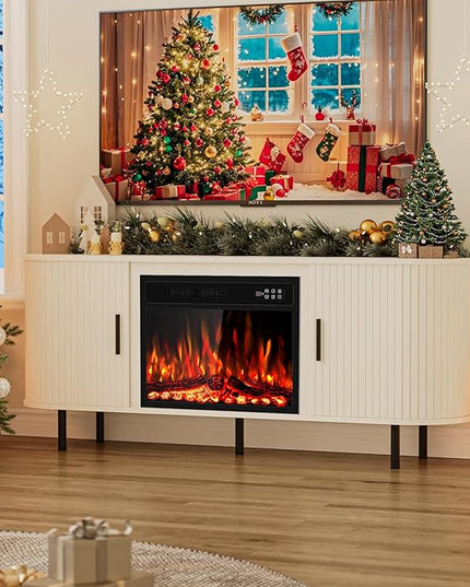 65" Fluted Fireplace TV Stand for TVs Up to 75 inches, Modern Entertainment Center with 23" Electric Fireplace, Wooden Curved TV Console with Sliding Doors for Living Room, White