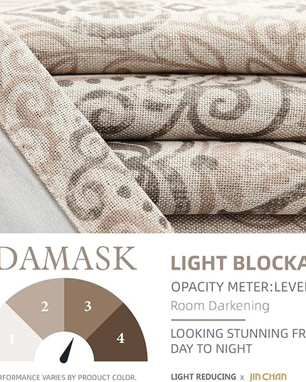 jinchan Linen Textured Curtains for Living Room Darkening 90 Inch Length, Medallion Drapes for Bedroom, Damask Pattern Window Treatments Vintage Curtain Panels, 2 Panels Taupe on Greige