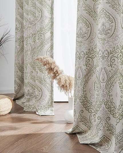 jinchan Linen Textured Curtains for Living Room Darkening 72 Inch Length, Medallion Drapes for Bedroom, Damask Pattern Window Treatments Vintage Curtain Panels, 2 Panels Sage Green on Greige