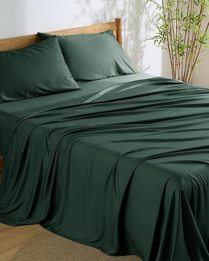 Bedsure Queen Sheet Set, Rayon Derived from Bamboo, Cooling Sheets, Breathable & Soft, Deep Pocket Up to 16 Inches, Hotel Luxury Silky Bedding for Hot Sleepers, Forest Green