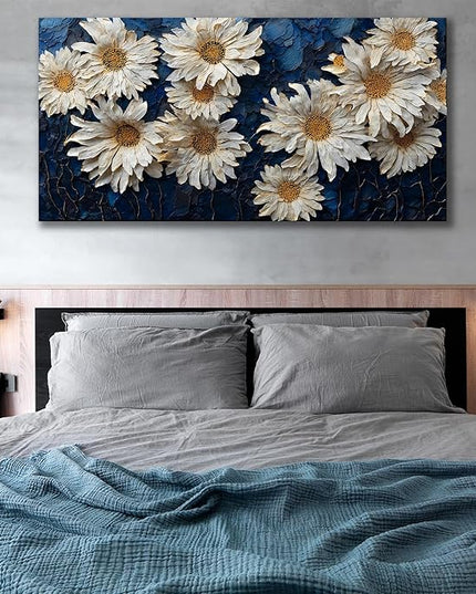 HUADAOART White Daisy Canvas Wall Art Navy Blue Background 40 x 20 inches Contemporary Floral Painting Living Room Bathroom Ready to Hang