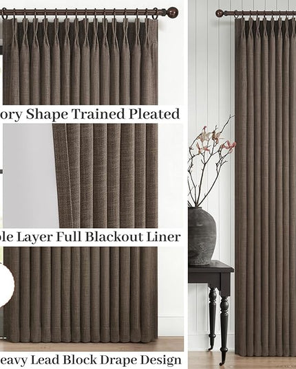 Blackout Dark Brown Bedroom Curtains 84 Inches Long 2 Panels Set, Memory Trained Pinch Pleated Dual Layer Linen Insulated Sound Dampening Modern Windows Curtain for Dining Room Darkening 7FT Length