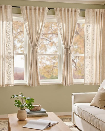 jinchan Winslow Lined Linen Curtains for Bedroom 63 Inches Linen Blended Embroidered Bordered Floral Curtains for Living Room Farmhouse Decor Window Treatments Ivory on Beige Drapes 2 Panels
