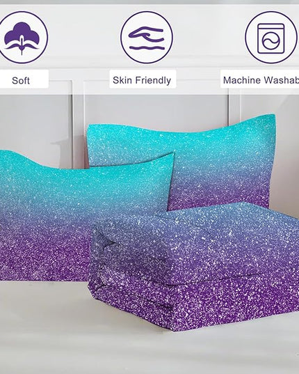 Gradient Glitter Comforter Set King Size 3D Colorful Bedding Set for Girls Kids Adults, Colorful Gradient Glitter Themed Bedding in A Bag Blue Purple 3D Sparkly Galaxy Bedroom Decor Bedding Set