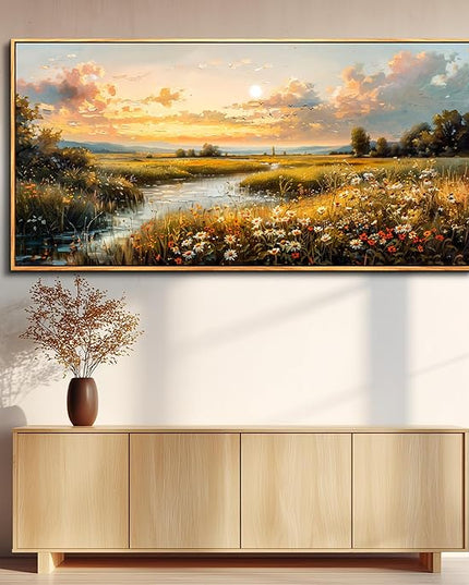 FUHAIHUA Large Wood Framed Wall Decor For Living Room Canvas Wall Art For Office Modern Wall Decorations For Bedroom Sunset Landscape Painting Farmhouse Pictures Artwork Room Home Decor 24x48 In