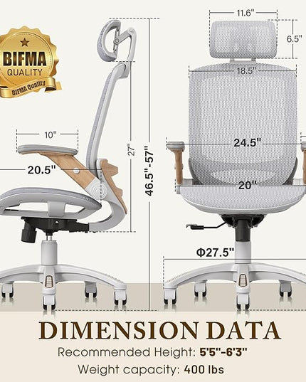 GABRYLLY Ergonomic Office Chair, High Back Home Desk Chair with Flip-Up Arms, Headrest, 90-120° Tilt and Wide Cushion, 400LBS White Mesh Chair for Work Gaming Study (GY01-NT, Woodgrain Pattern)