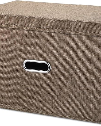 Linen Fabric Collapsible Storage Bins with Removable Lids and Handles, Washable Storage Box Containers Baskets Cube with Cover for Bedroom,Closet,Office,Living Room,Nursery (Coffee, Medium)