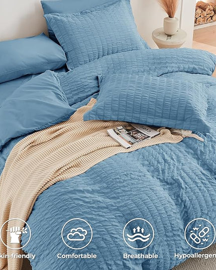 HYMOKEGE Mineral Blue Twin XL Comforter Set Seersucker 5 Pieces, All Season Luxury Bed in a Bag for Bedroom, Bedding Set with Comforter, Sheets, Pillowcase & Sham