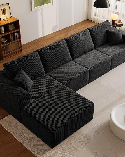 139" Boneless Cloud Sectional Couch for Living Room, Compressed Modular L-Shaped Sofa with Deep Seat, Frameless Corduroy Couch in Boxes, No Assembly Required 4-Seater (Left-Facing Chaise, Black)