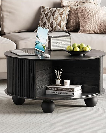 Round Coffee Table with Storage, 31.5" Circle Coffee Table with Sliding Door & Bun Feet, Fluted Center Table for Living Room, Home Small Space, Black