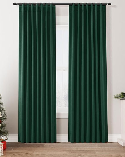 Guken Dark Green Blackout Curtains 84 Inch Length 2 Panels Set for Living Room Bedroom Back Tab Thermal Insulated 100% Black Out Linen Drapes Christmas Decor 52x84 Long