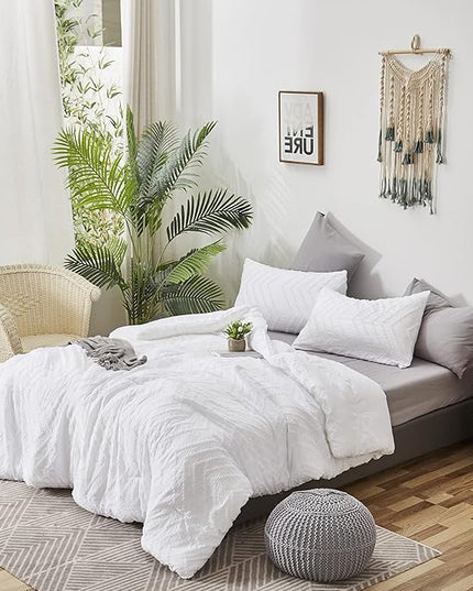 Houseri Boho Twin Tufted Comforter Set - Jacquard Embroidery Bedding - Shabby Chic - All White - Kids Solid Comforters & Quilts