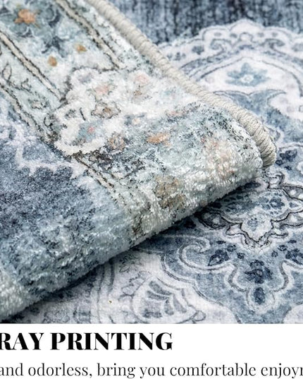 MUJOO Hallway Runner Rug Machine Washable Runner Rugs Non Slip Boho Blue Grey Runner Rug for Hallways Entryway Kitchen Bathroom Bedside Retro Soft Low-Pile 2'x6' Blossom