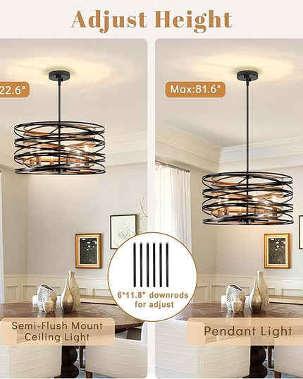 Farmhouse Chandeliers for Dining Room, 5-Light Spiral Drum Large Pendant Lights Rustic Black Chandelier 19.7" Wood Grain Dining Room Light Fixture Metal Chandelier for Foyer Entryway Kitchen Bedroom