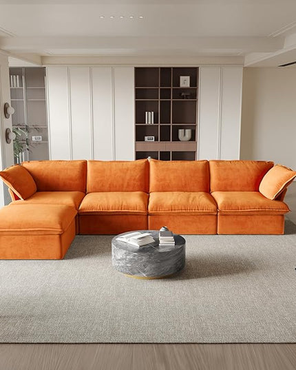 JACH L-Shaped Sectional Couches, Modular Sectional Sofas, Modern Comfy Cloud Couch with Chaise Ottoman, Cushion Covers Removable, Two Corners and Two Middle Sofa for Living Room (Orange)
