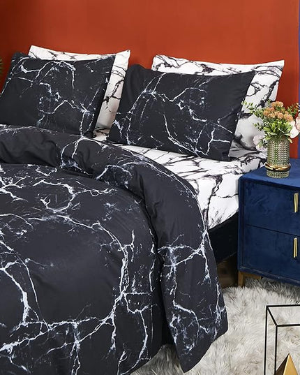 CLOTHKNOW Black White Grey Full Size Comforter Sets Marble Bedding Comforter Sets Soft All Season Black Comforters with 2 x Pillow Cases