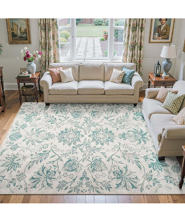 jinchan Torino Floral 8x10 Area Rugs Vintage-Inspired Design Accent Living Room Rug Machine Washable Ultra-Thin Low-Pile Non-Slip Traditional Carpet for Bedroom Dining Room Home Office