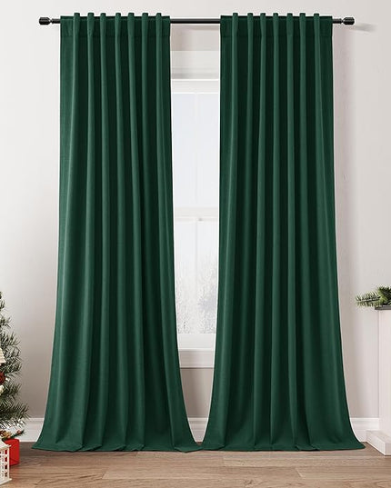 Guken Dark Green Blackout Curtains 120 Inch Length 2 Panels Set for Living Room Bedroom Back Tab Thermal Insulated 100% Black Out Linen Drapes Christmas Decor 52x120 Long