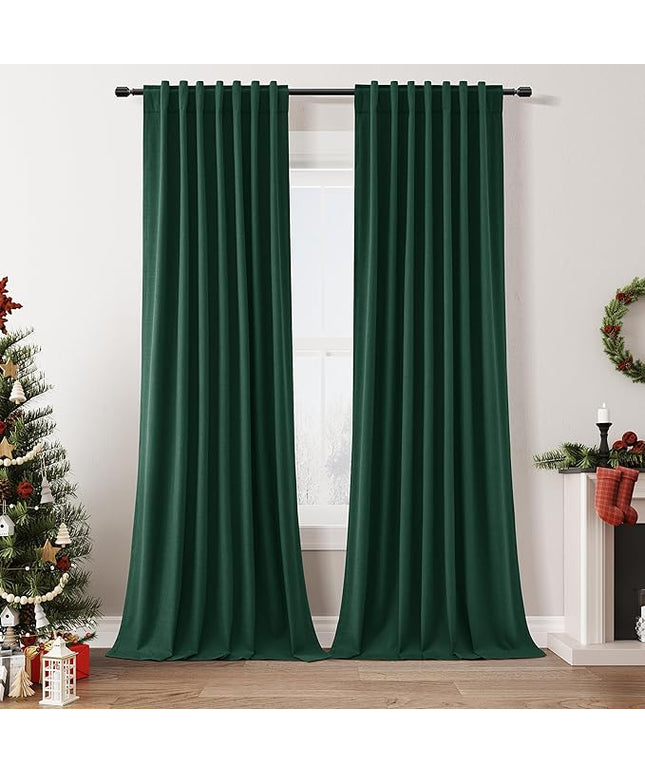 Guken Dark Green Blackout Curtains 120 Inch Length 2 Panels Set for Living Room Bedroom Back Tab Thermal Insulated 100% Black Out Linen Drapes Christmas Decor 52x120 Long