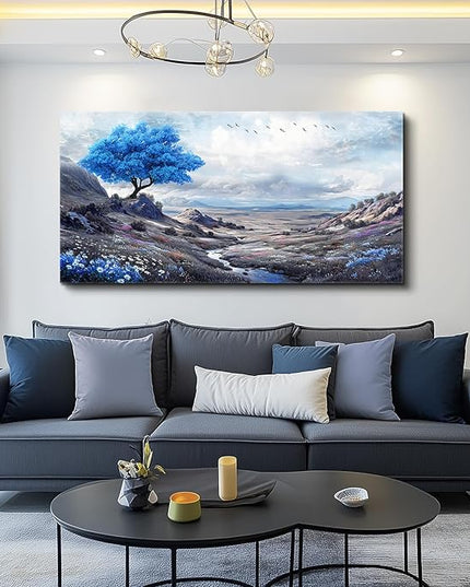 XIGUANGART Blue Flowers Tree of Life Art Prints Painting Landscape Canvas Wall Art for Bedroom Nature Picture Modern Artwork Wall Decor for Living Room Kitchen Home Office Mural Posters Gift 24"X48"