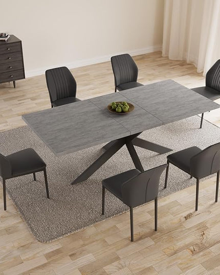 ZckyCine 6-8 People Modern Rectangular Kitchen Dining Table Space-Saving Expandable Dining Table Metal Frame (Gray Table + 6 Black Chairs)