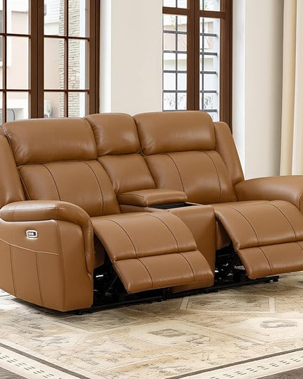 CHITA Genuine Leather Power Recliner Sofa, Wall Hugger Reclining Loveseat with Console, Power Headrest, Charging Ports, Reclining Sectional Couch for Living Room, RV, Saddle