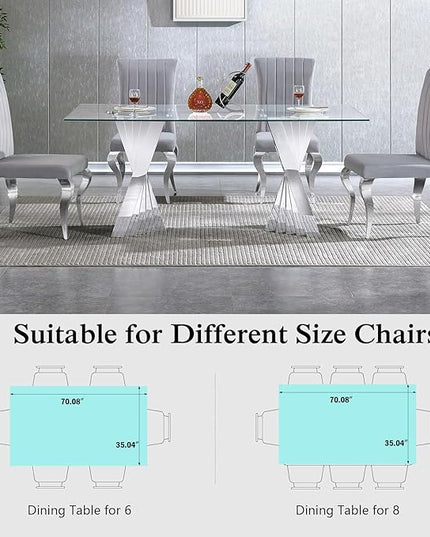 70'' Tempered Glass Top Dining Table With Mirrored Silver Stainless Steel Base for 4-8, Modern Rectangular Design for Dining Room and Living Room