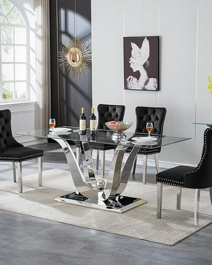 HomVent 70'' Glass Dining Table Set for 4, Modern Rectangle Kitchen Table Set with Clear Glass Top and U Shape Stainless Steel Base for 4 for Dining Room,Kitchen