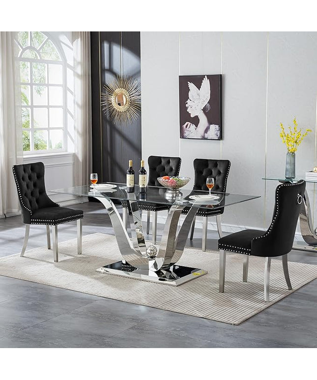 5-Piece Glass Dining Table Set w/4 Black Upholstered Dining Chairs, 70in Rectangular Large Kitchen Table Set for 4, Glass and Silver Dining Table and Chair Set for 4