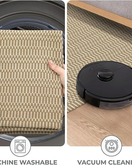 KOZYFLY Washable Runner Rug 2x5 Ft Runners for Hallways Rubber Backed Throw Rug, Braided Cotton Entryway Runner Indoor, Carpet Runners for Hallway Kitchen Entryway Bedroom, Sand/Ivory