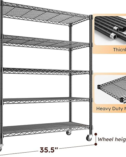 REIBII Storage Shelves with Wheels Wide Wire Shelving Unit with Wheels 75.2"H Tall Metal Shelves for Storage Sturdy Heavy Duty Shelving Deep Pantry Shelves 5 Tier Storage Rack, Keep Organized, 2 Pack