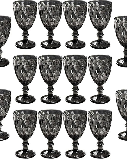 16 Pack Vintage Wine Glasses, Plastic Reusable 12 Ounce Colored Water Goblets, Unique Embossed Pattern Unbreakable Stemmed Wine Glasses, High Clear Wedding Party Bar Drinking Cups Black