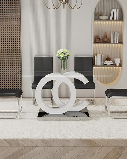 Ebullient Glass Dining Table Set for 4 ，5 Piece Dining Table Set,Tempered Glass Table Top，White Modern Dining Room Table with 4 PU Leather Ergonomic Dining Chairs