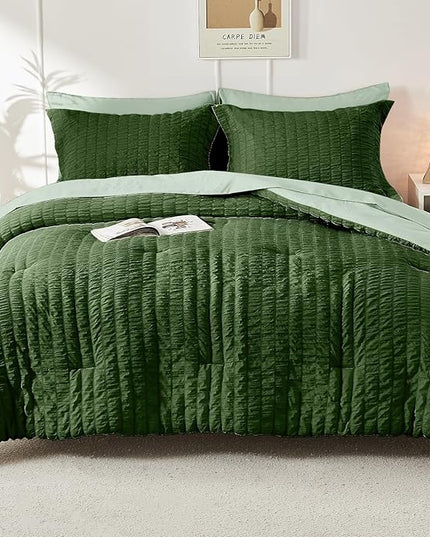HYMOKEGE Dark Green/Sage Green Twin Comforter Set Seersucker 5 Pieces, All Season Luxury Bed in a Bag for Bedroom, Bedding Set with Comforter, Sheets, Pillowcase & Sham