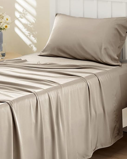 Bedsure Cooling Sheets Twin XL, Rayon Derived from Bamboo, Breathable & Soft Twin XL Sheet Sets, Deep Pocket Up to 16 Inches, Hotel Luxury Silky Dorm Bedding for Hot Sleepers, Simply Taupe