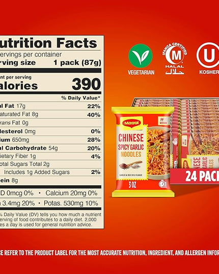 Maggi Chinese Spicy Garlic Noodles, Instant Ramen Noodles, 3 min, Vegetarian, Halal, Kosher, 24-Pack