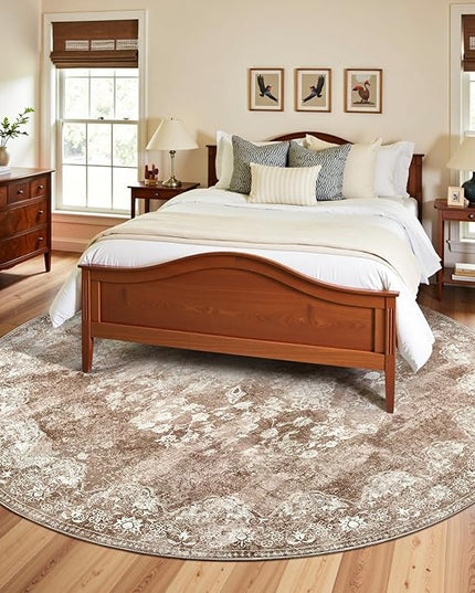 jinchan Round Rug 8ft Area Rug - Brown Vintage Floor Mat Kitchen Indoor - Washable Circle 8' Thin Floral Print Carpet Retro Farmhouse Non Slip Dining Room Living Room Bedroom Office