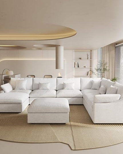 Cloud Modular Sectional Sofa, 160" U Shaped Modular Couch with Storage Ottoman, Down Filled Convertible Sofa,Wide 8 Seater Couch for Living Room, White