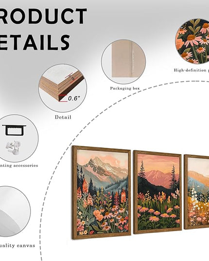InspiredHues Colorful Landscape Boho Canvas Wall Art Set, 3 Piece Wildflower Mountain Wall Decor, Vintage Floral Rustic Nature Artwork Prints for Living Room Bedroom Office 16x24 Inch Wood Framed
