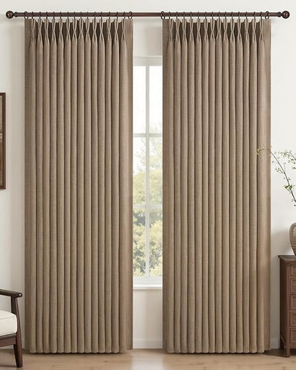 Rust Brown Pinch Pleated Blackout 90 Inch Curtains for Sliding Glass Doors 2 Panels Set, Memory Shape Linen Thermal Sound Dampening Dual Layer Heavy Drapes Textured Windows Curtain 40x90 Inches Long