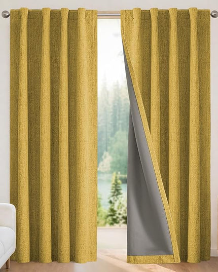 Joydeco Blackout Curtains for Bedroom - 96 Inch Long 100% Light Blocking 2 Panels Set Yellow Drapes, Thermal Insulated Room Darkening Curtains, Linen Textured for Living Room, Rod Pocket & Back Tabs