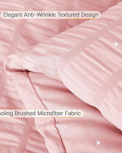 MUXHOMO 7 Pieces King Comforter Set, Seersucker Bed in a Bag King Size, All Season Luxury Bedding Set with Comforter, Flat Sheet, Fitted Sheet, Pillowcases & Shams, Pink